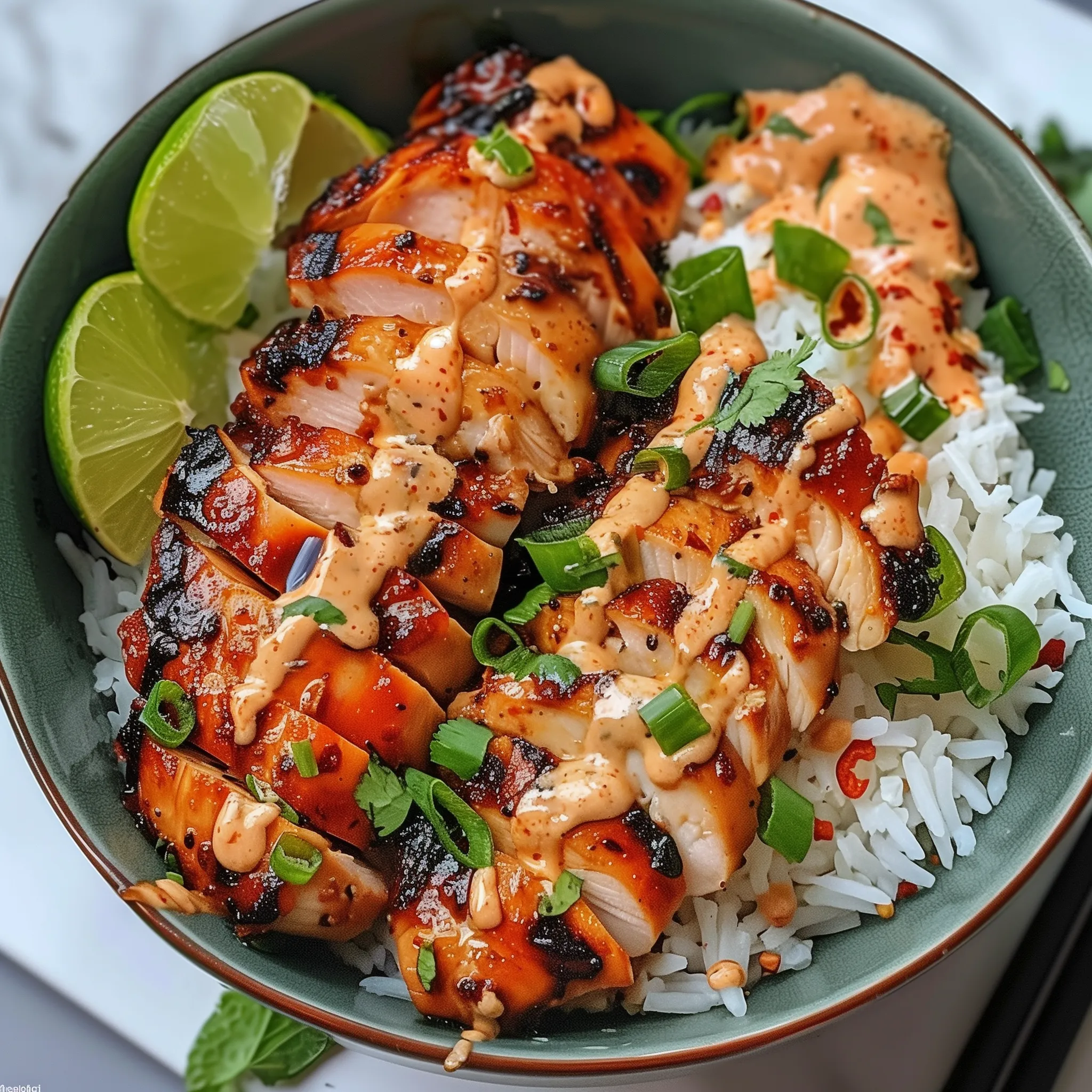 A bowl of food with rice and meat.