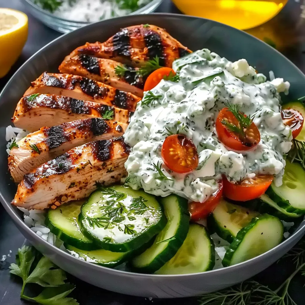 A bowl of food with chicken, tomatoes, cucumbers, and a dip.