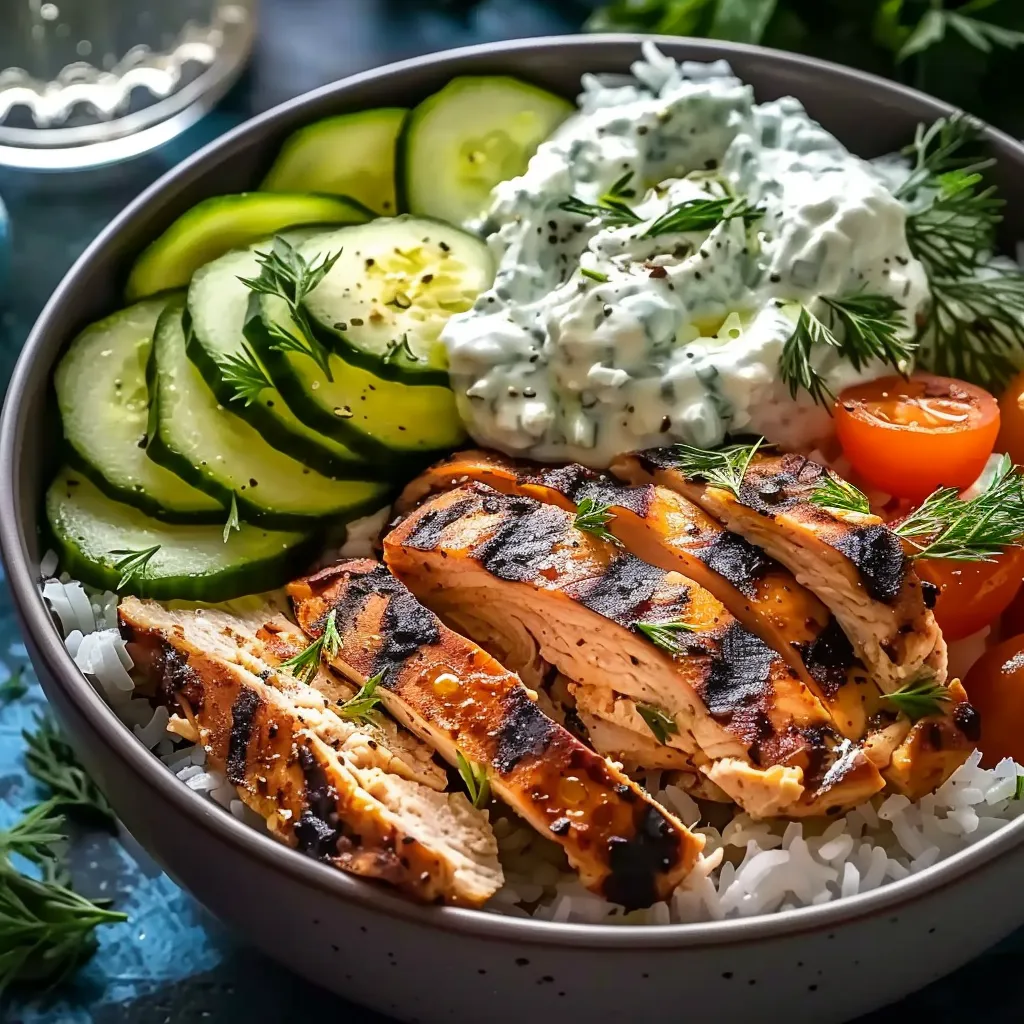 A bowl of food with chicken, rice, cucumbers, and a dip.