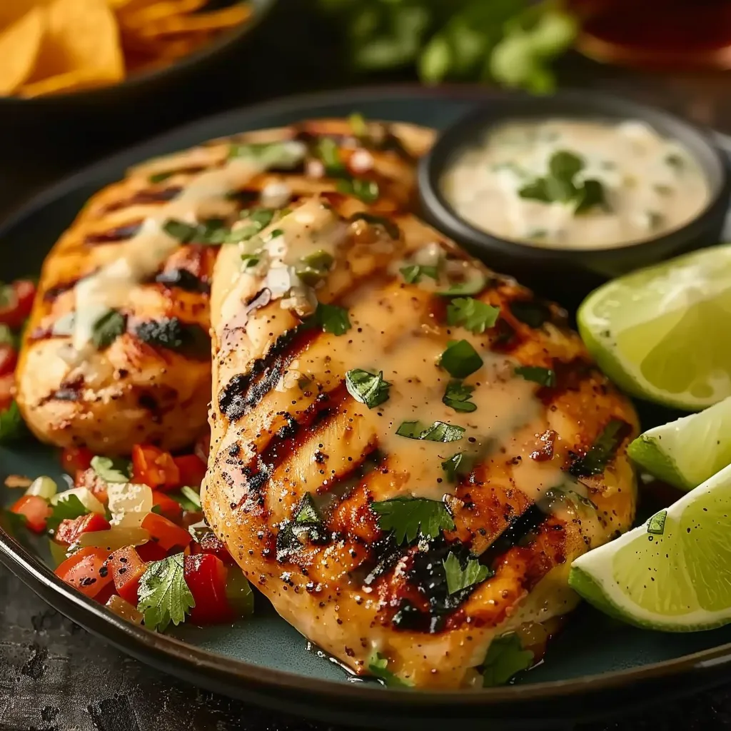 A plate of grilled chicken with sauce and lime wedges.