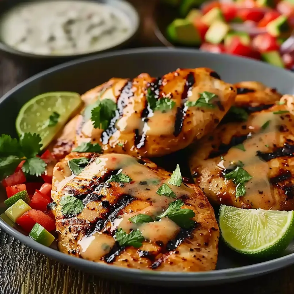 A plate of grilled chicken with sauce and lime wedges.