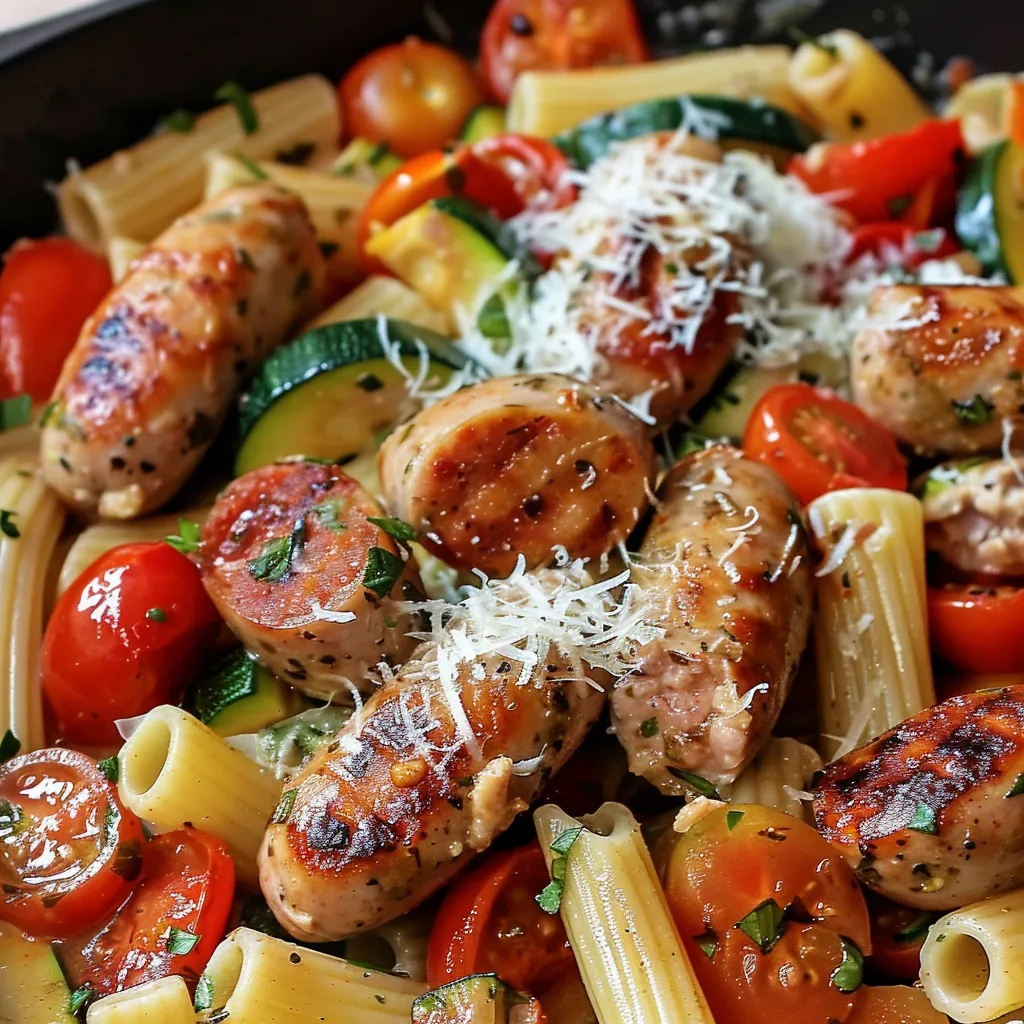 A plate of food with pasta, tomatoes, and sausage.
