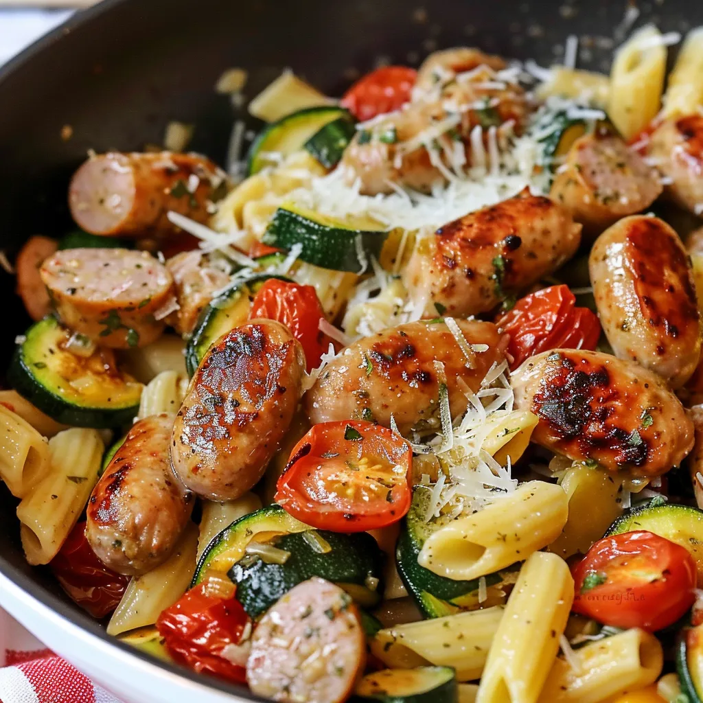 A bowl of pasta with sausage and vegetables.