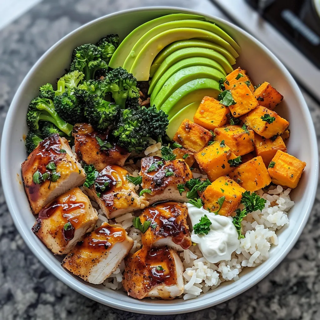 A bowl of food with rice, broccoli, and avocado.