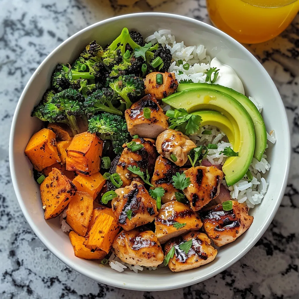 A bowl of food with rice, meat, broccoli, and avocado.