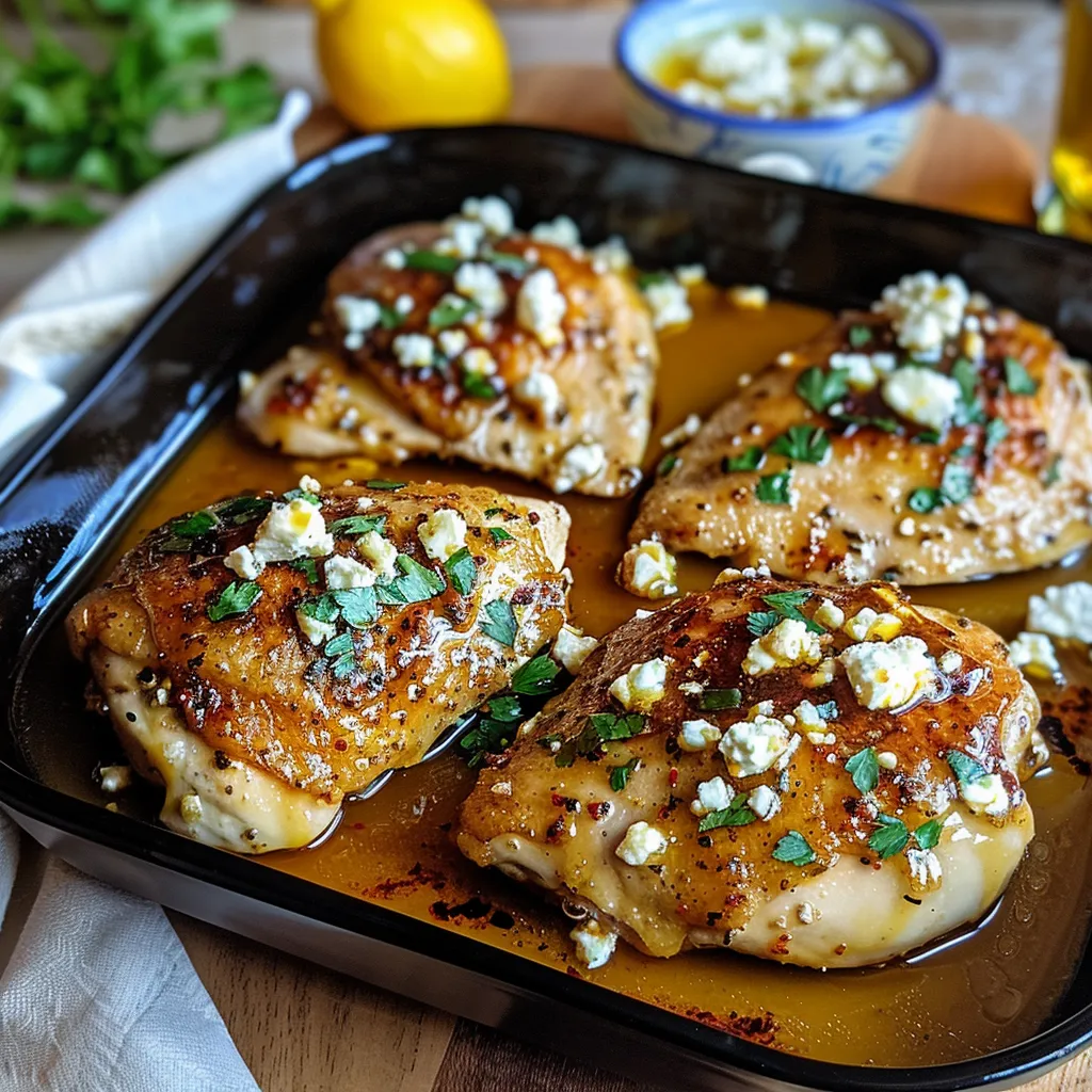 A pan of chicken with feta cheese and lemon.