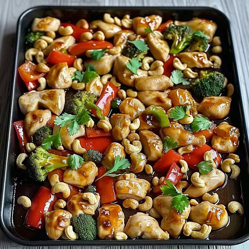 A pan of food with chicken, broccoli, peppers, and nuts.