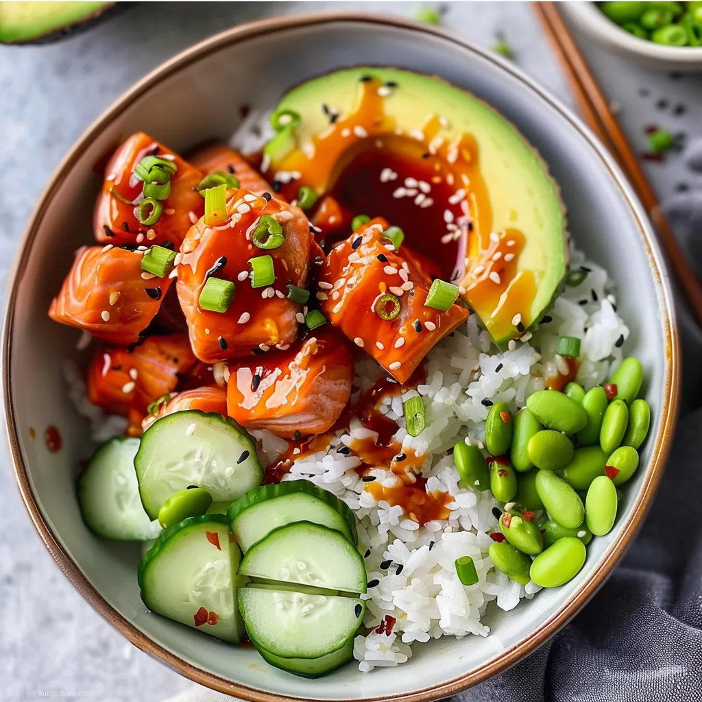 A bowl of food with rice, avocado, and cucumbers.