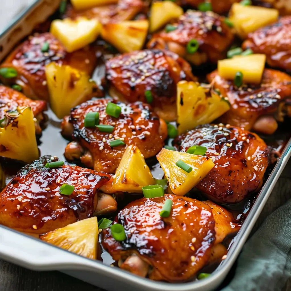A pan of chicken with pineapple and green onions.