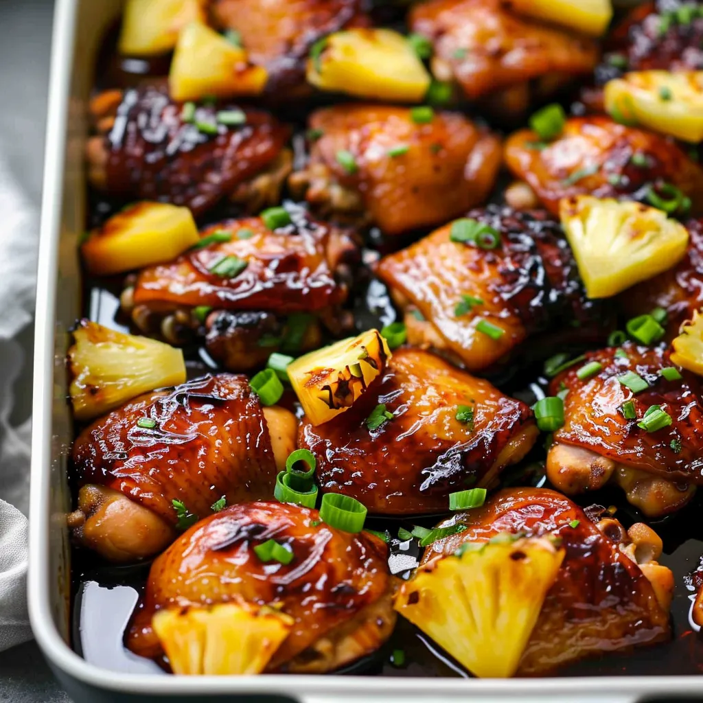 A pan of chicken with pineapple and green onions.