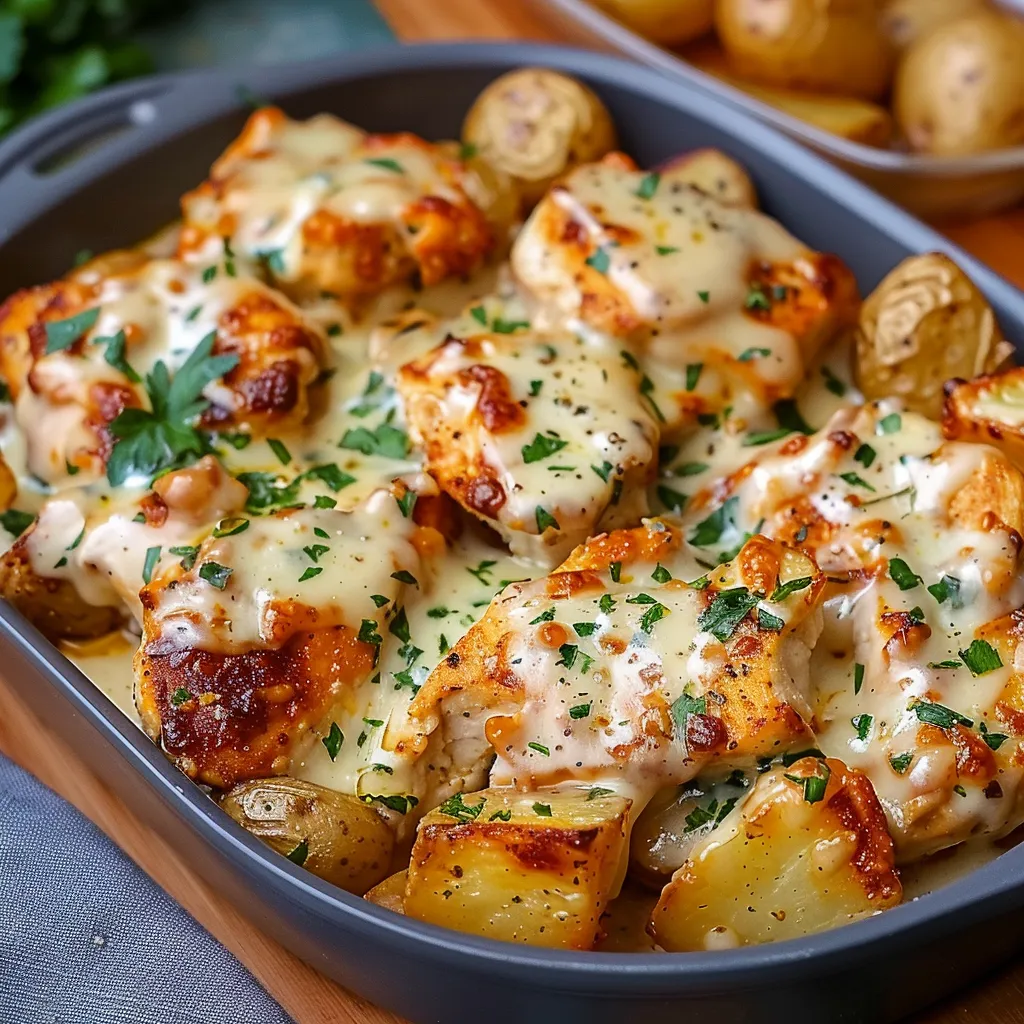 A dish of chicken and potatoes.