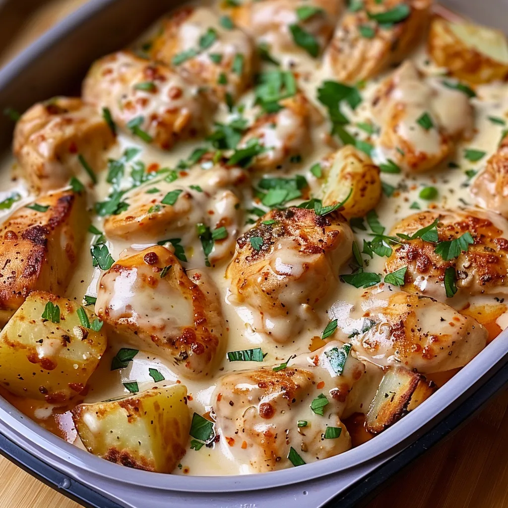A bowl of food with chicken and potatoes.