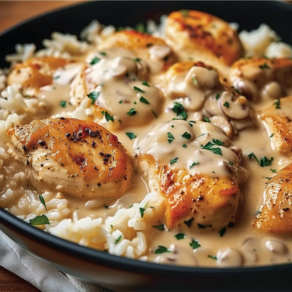 A bowl of rice with chicken and mushrooms.
