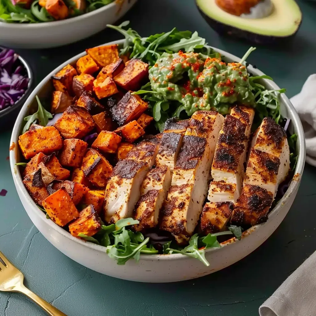 A plate of food with chicken, avocado, and vegetables.