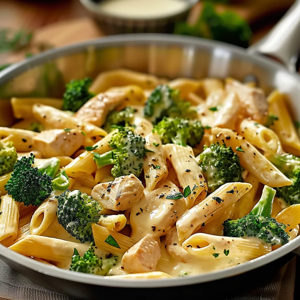 A pan of pasta with chicken and broccoli.