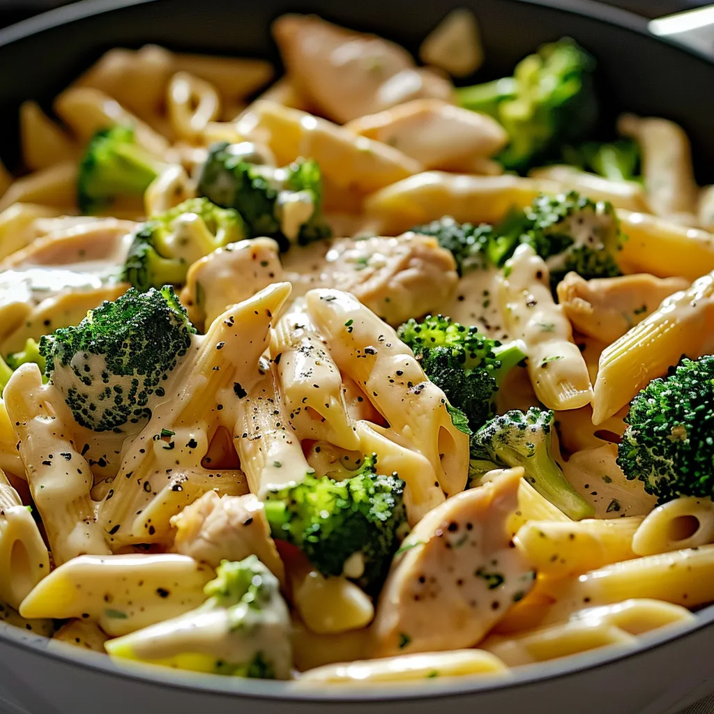 A bowl of pasta with broccoli and chicken.