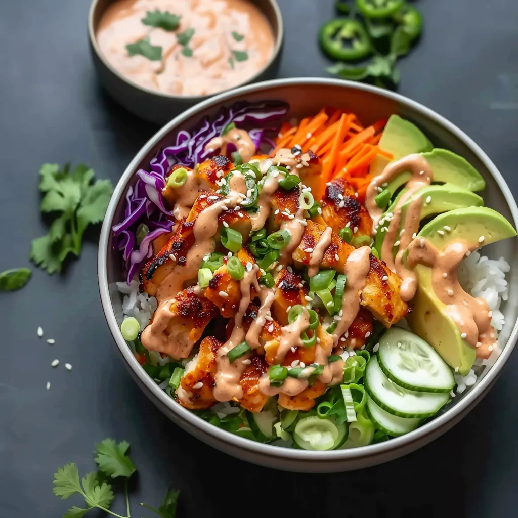 A bowl of food with sauce and vegetables.