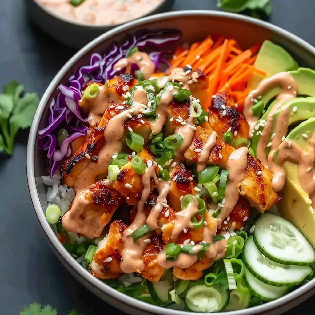 A bowl of food with a variety of vegetables and sauces.