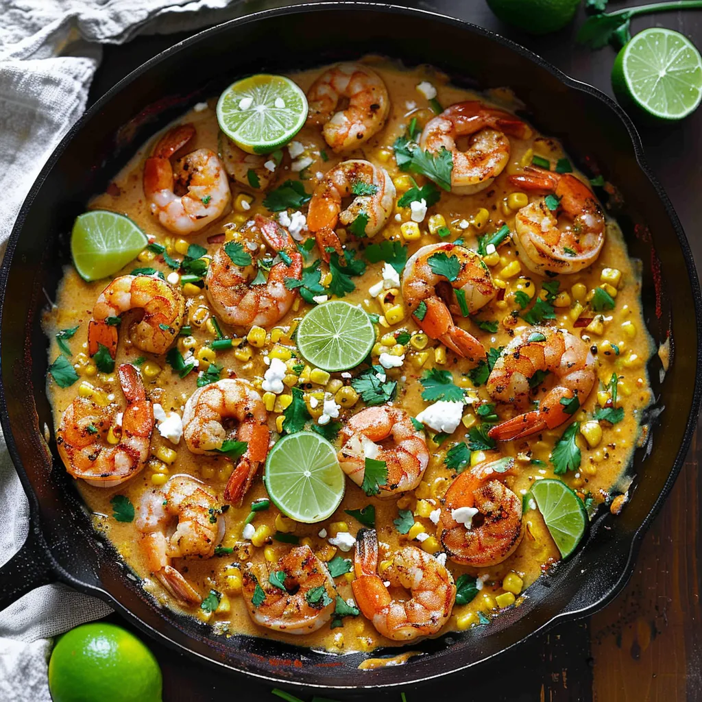 A pan of shrimp and corn with limes on the side.