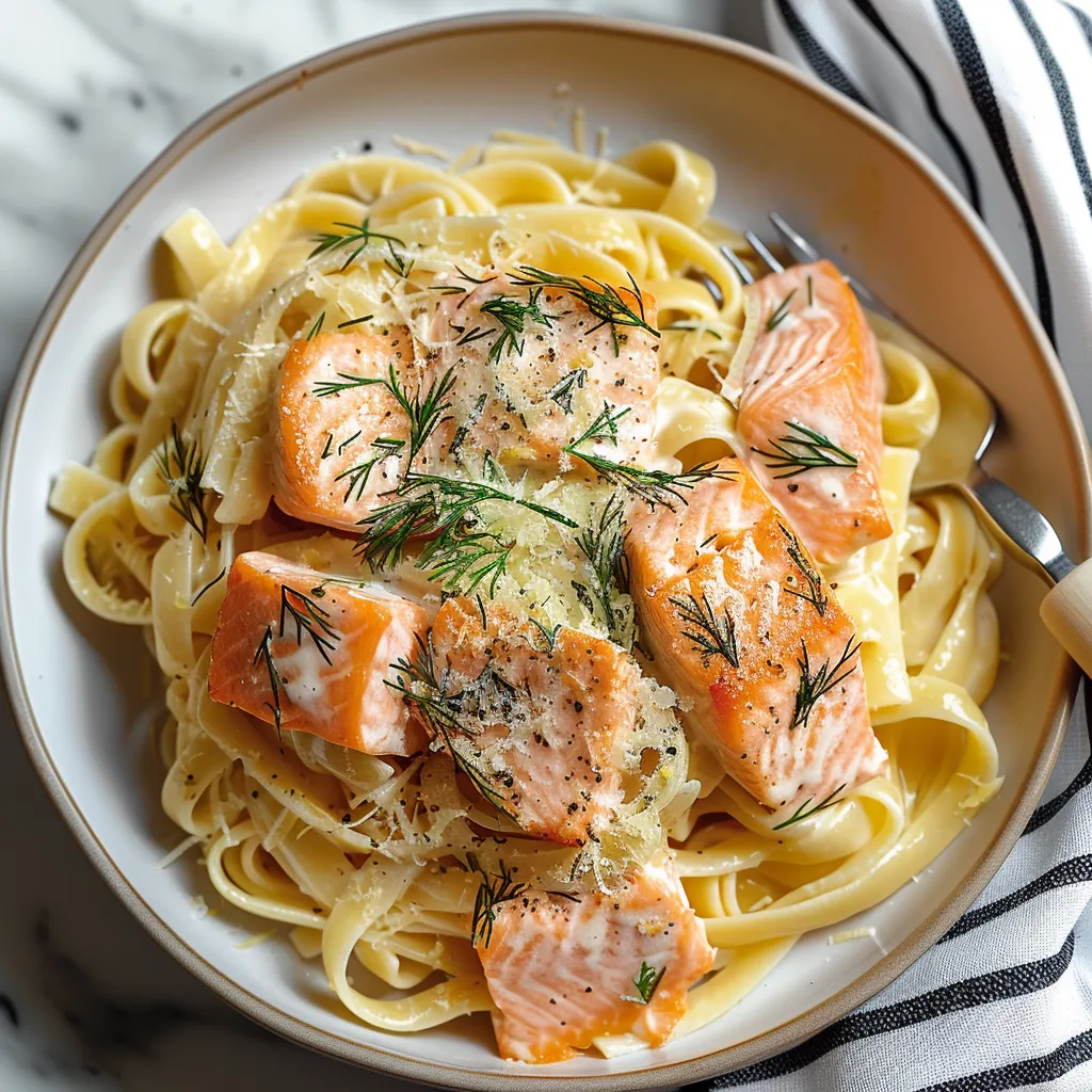 A plate of pasta with salmon and herbs.