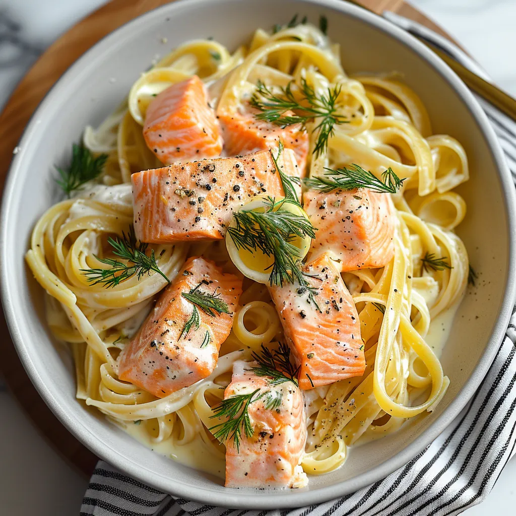 A bowl of pasta with salmon and herbs.