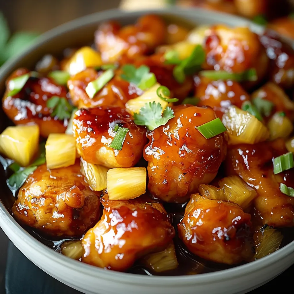 A bowl of food with chicken and pineapple.