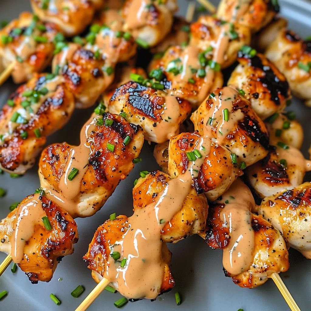 A plate of chicken skewers with sauce.