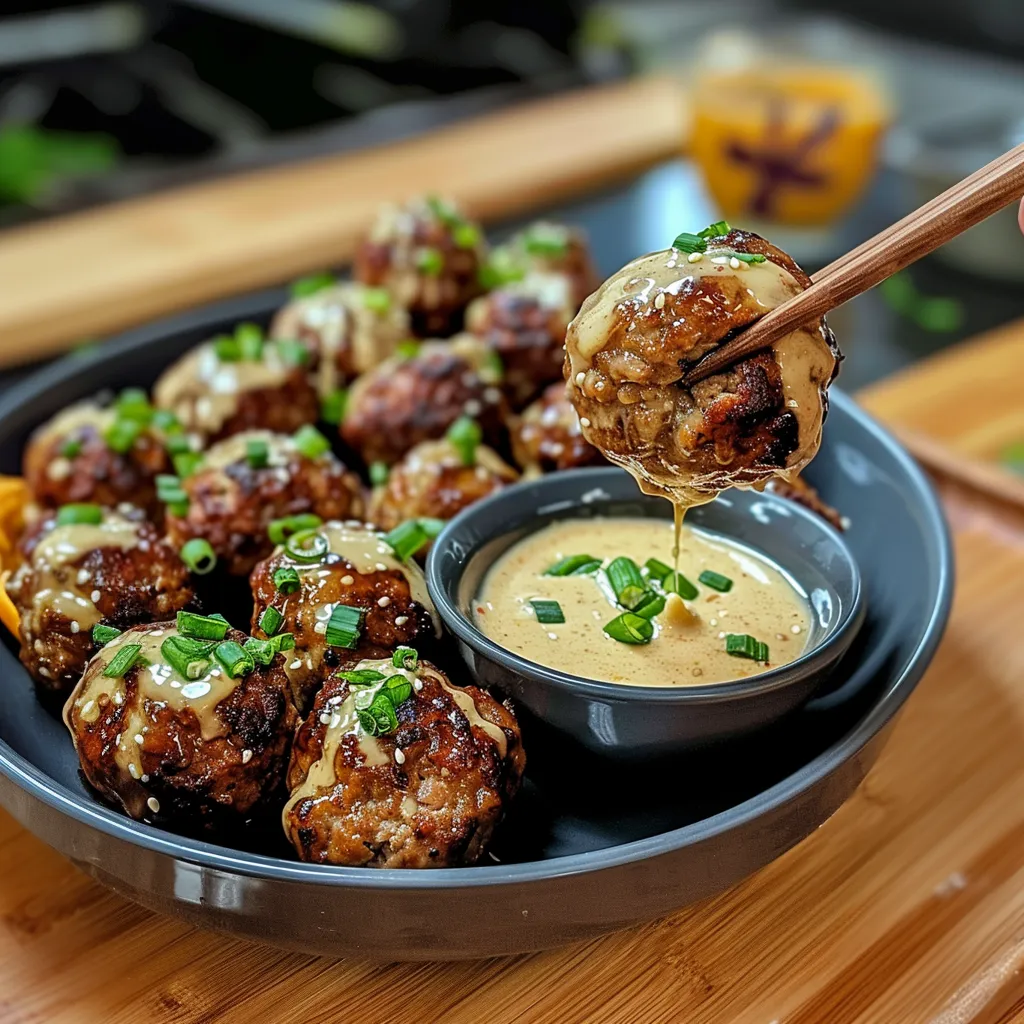 A wooden table with a bowl of meatballs and a spoon.