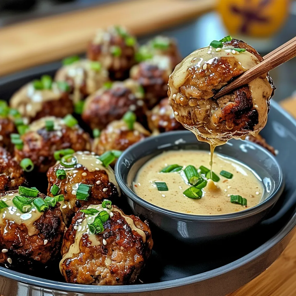 A bowl of meatballs with a spoon in it.