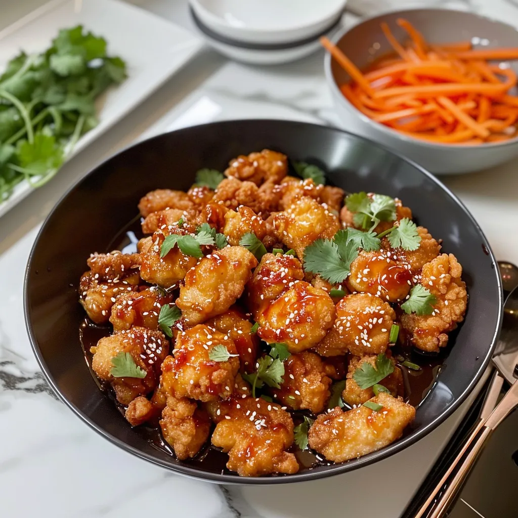 A bowl of chicken with sauce and garnish.