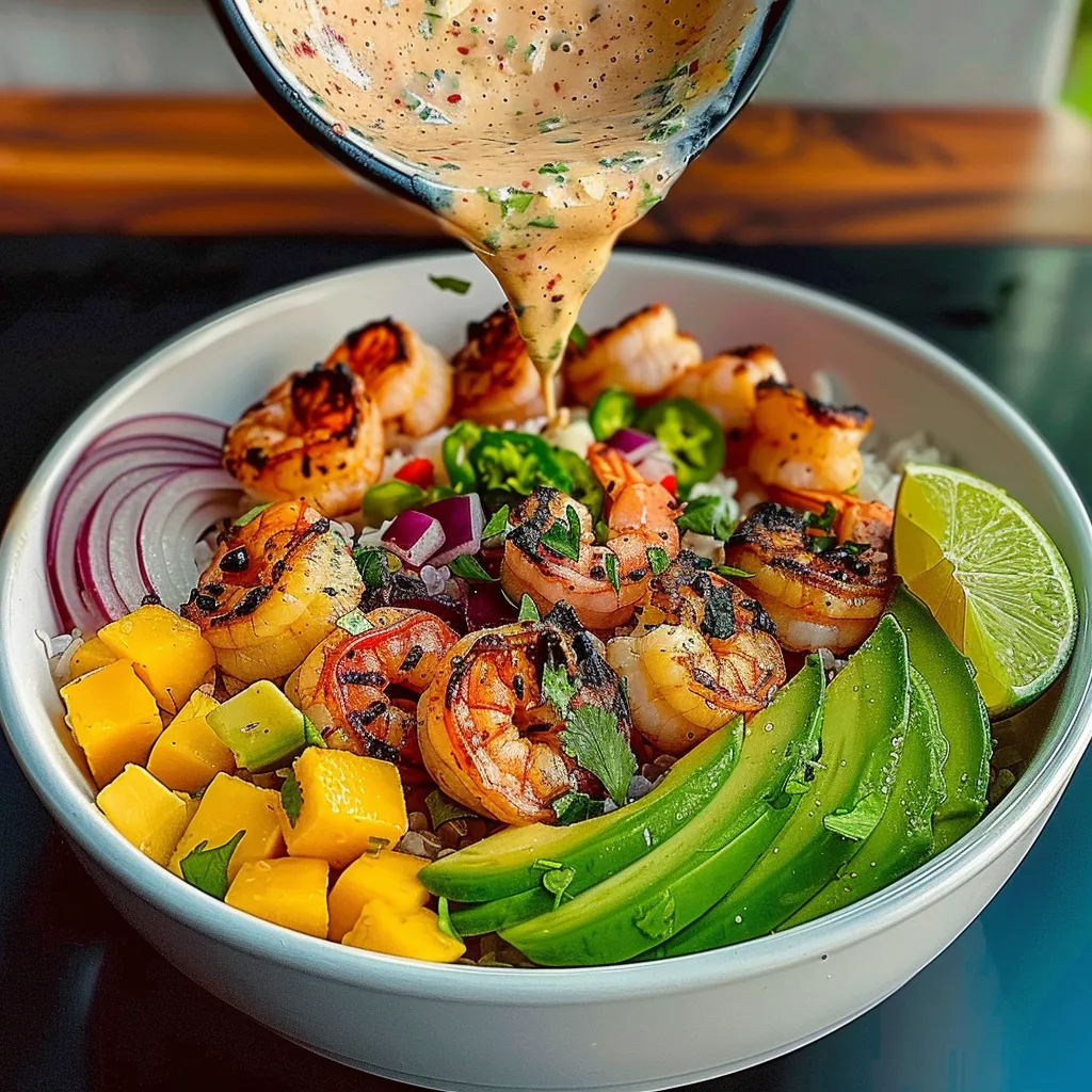 A bowl of shrimp and vegetables with a dipping sauce.