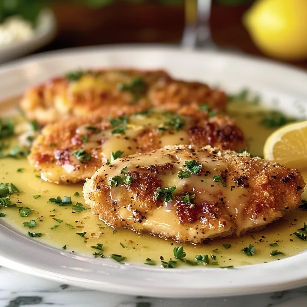 A plate of chicken with lemon and herbs.