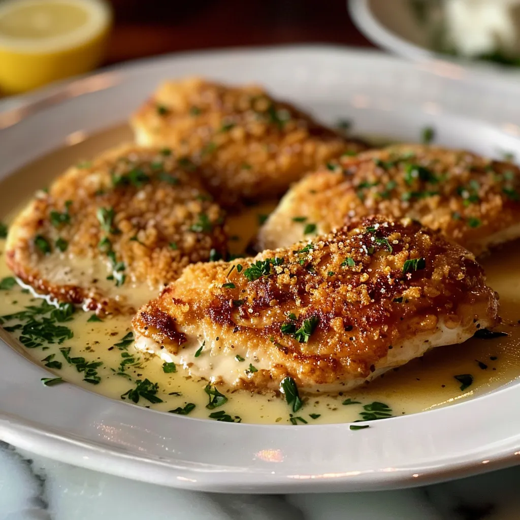 A plate of breaded chicken with a lemon wedge on the side.