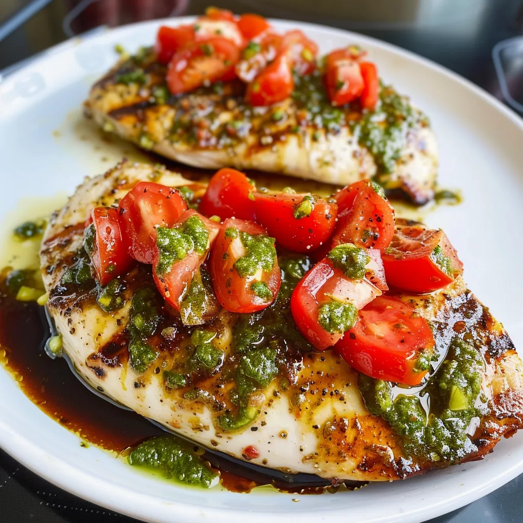A plate of chicken with tomatoes and basil.