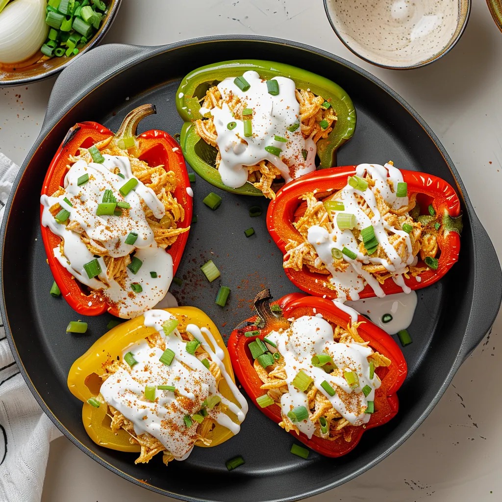 A pan of peppers with white sauce on them.
