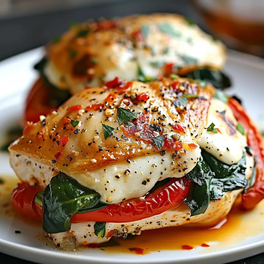 Two pieces of chicken with tomatoes and cheese.