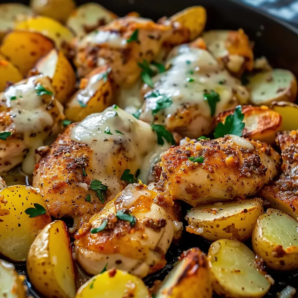 Chicken and potatoes in a pan.