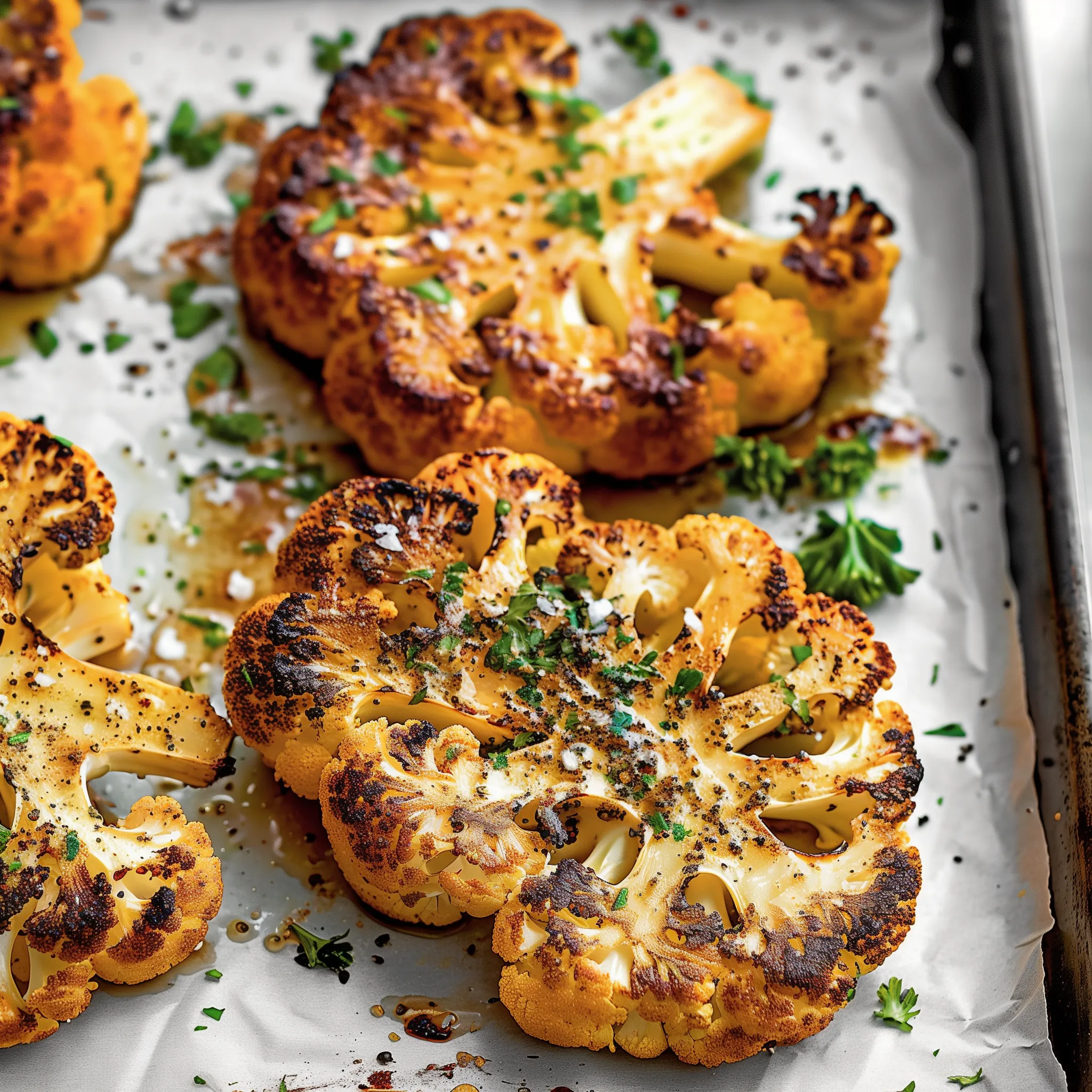 A pan of cooked cauliflower with herbs.