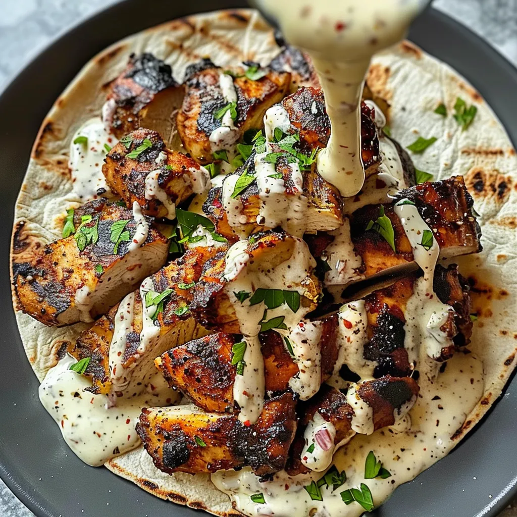 A plate of food with a sauce drizzled over it.
