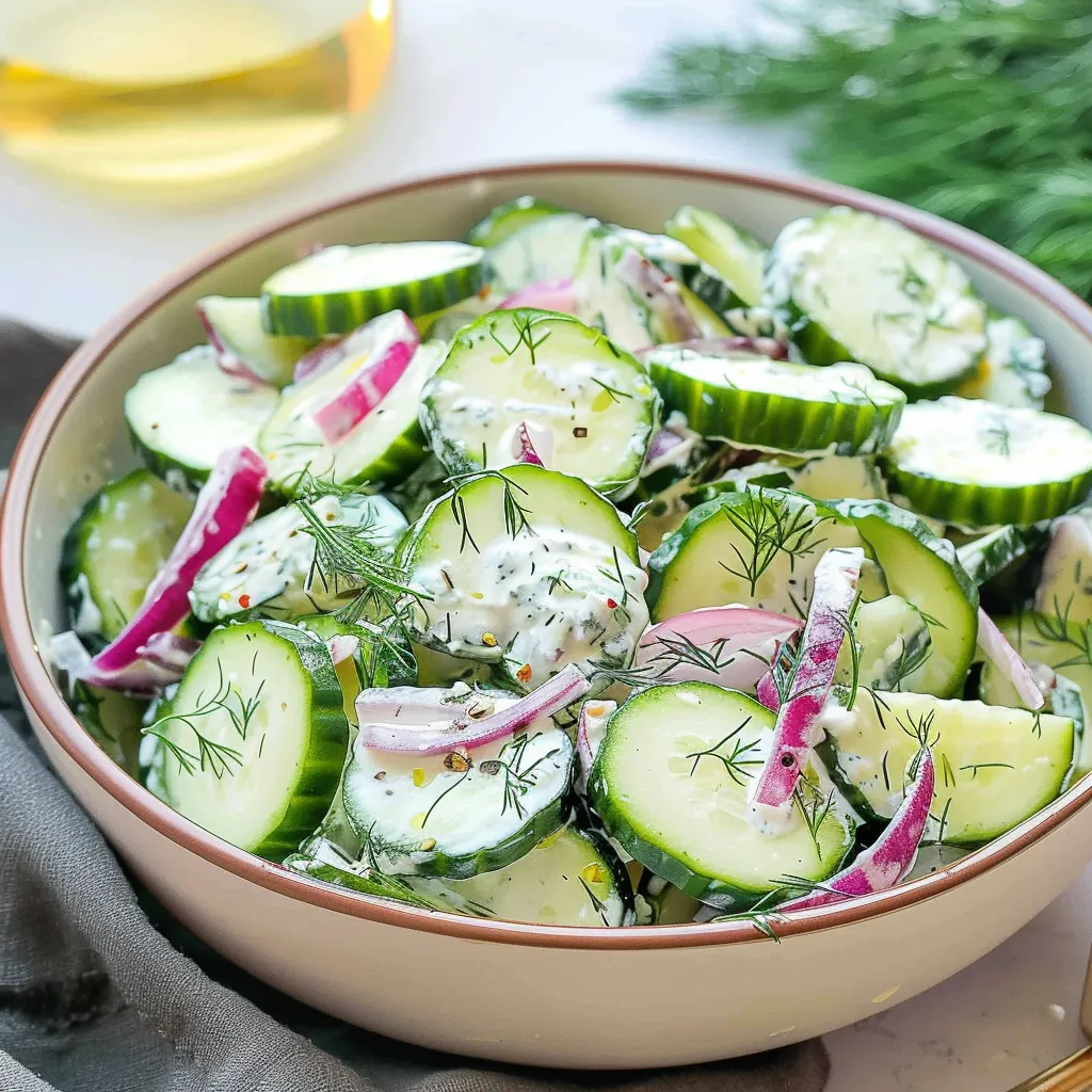 A bowl of vegetables including cucumbers and onions.