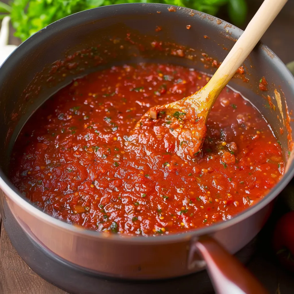 A wooden table with a pot of sauce.