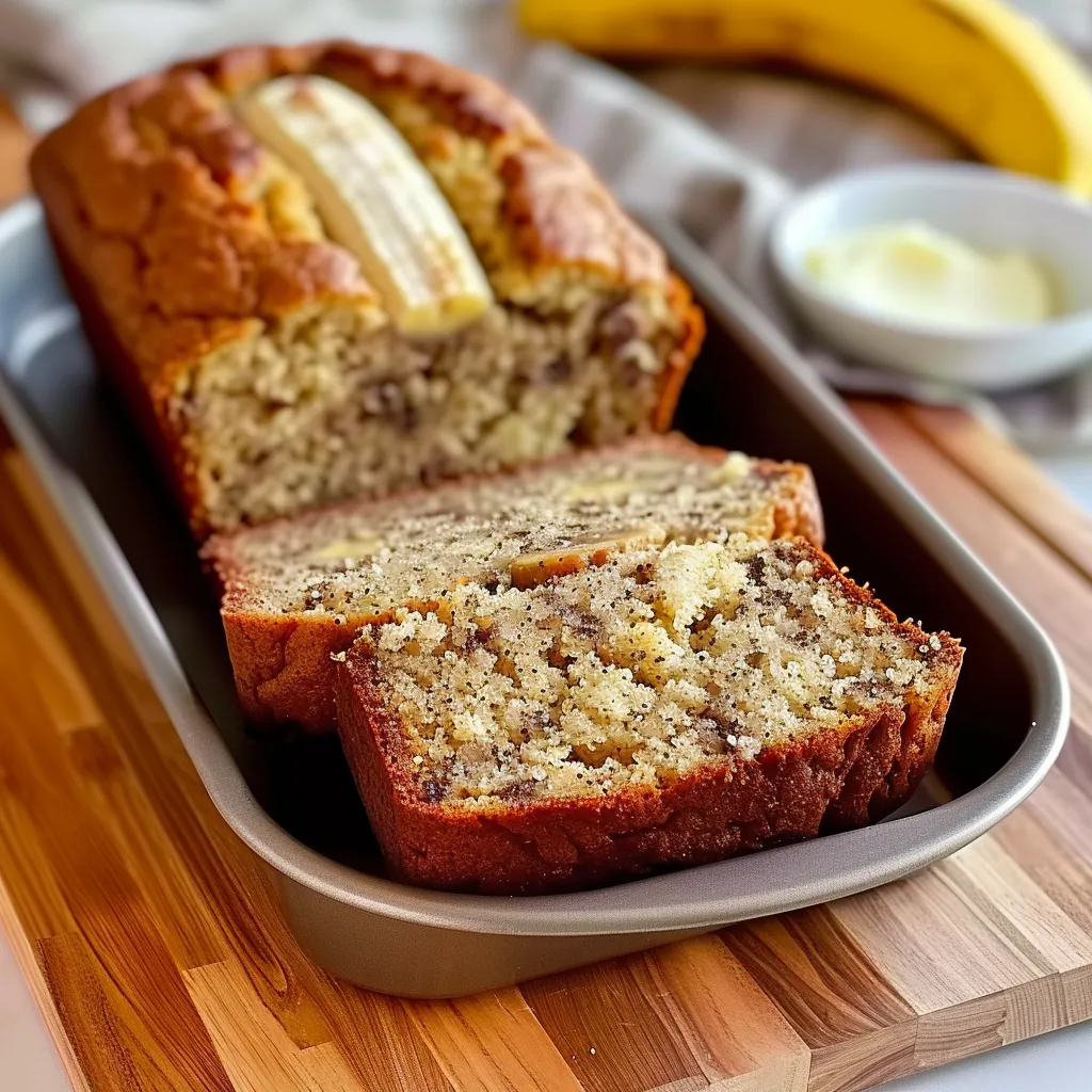 A loaf of banana bread sits on a cutting board.