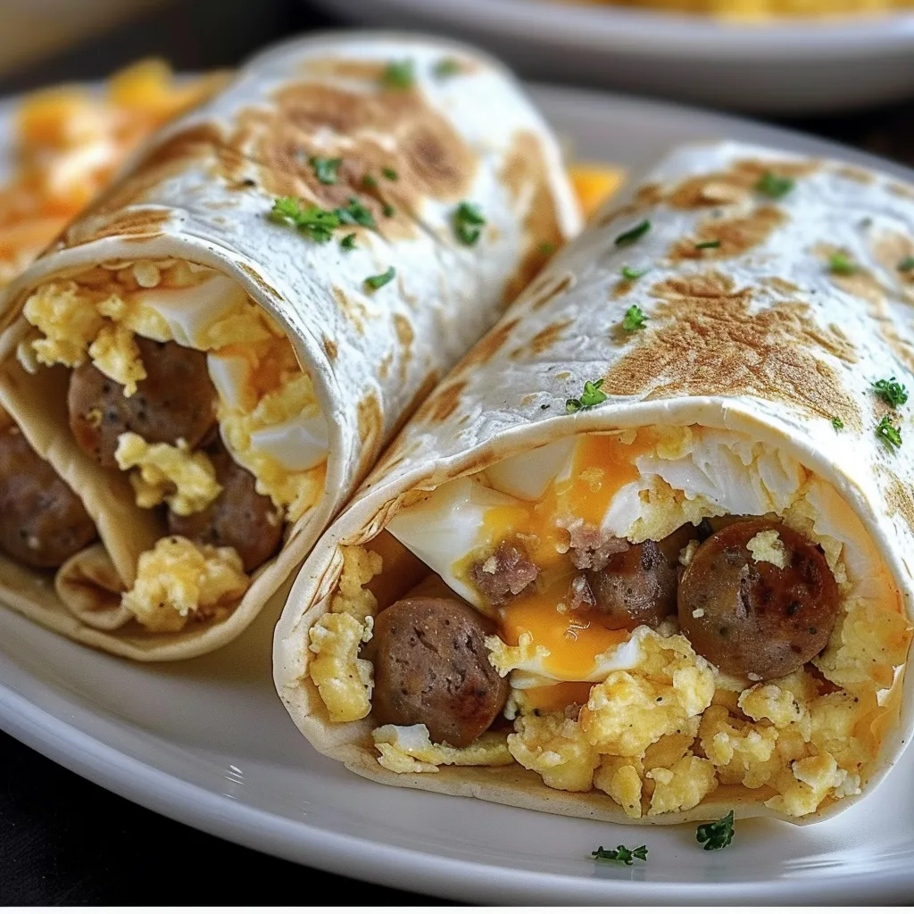 A breakfast burrito with eggs, sausage, and cheese.