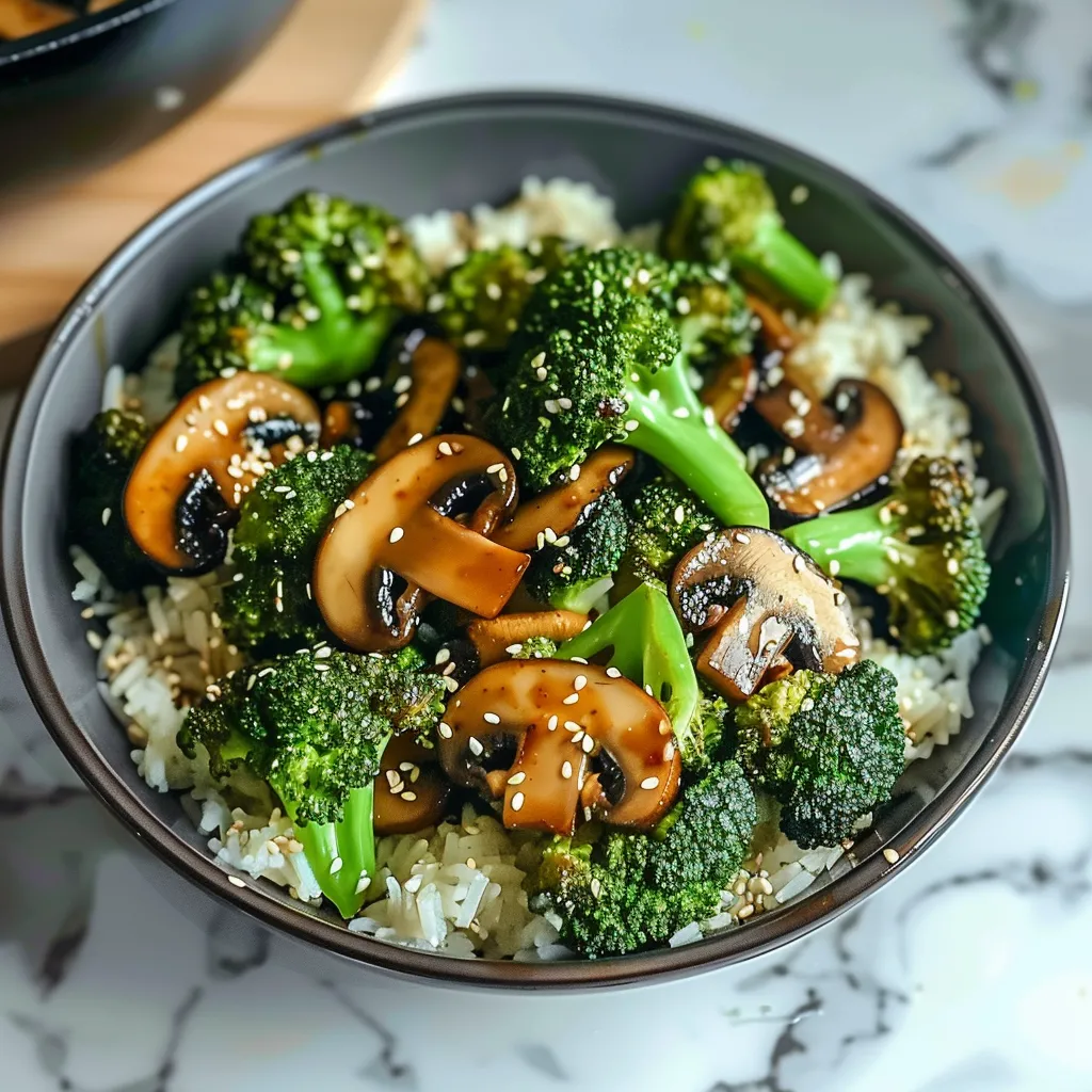 A bowl of rice with mushrooms and broccoli.