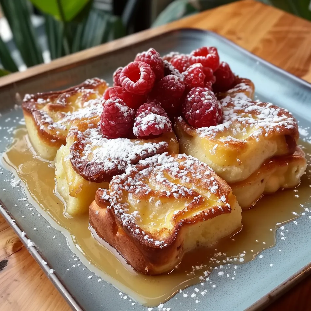 A plate of French toast with powdered sugar and raspberries.