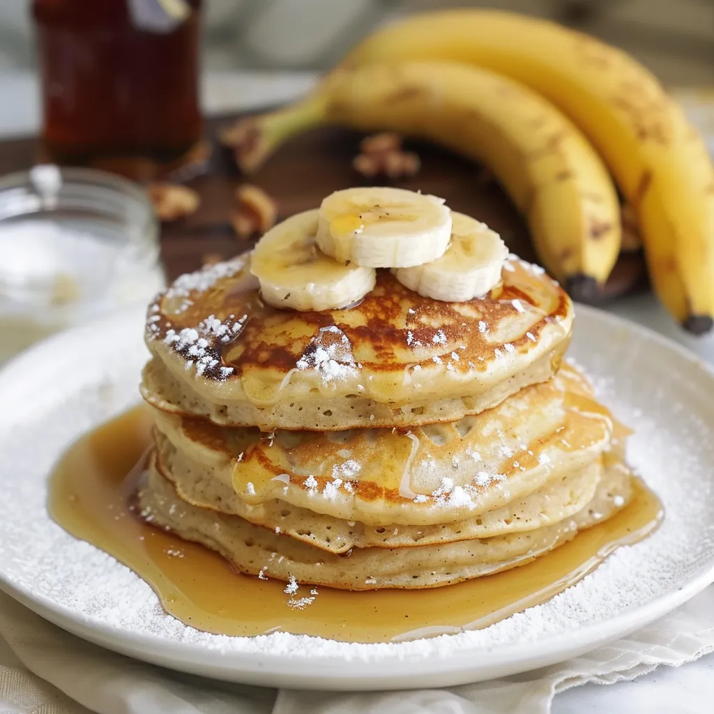 A stack of pancakes with bananas on top.