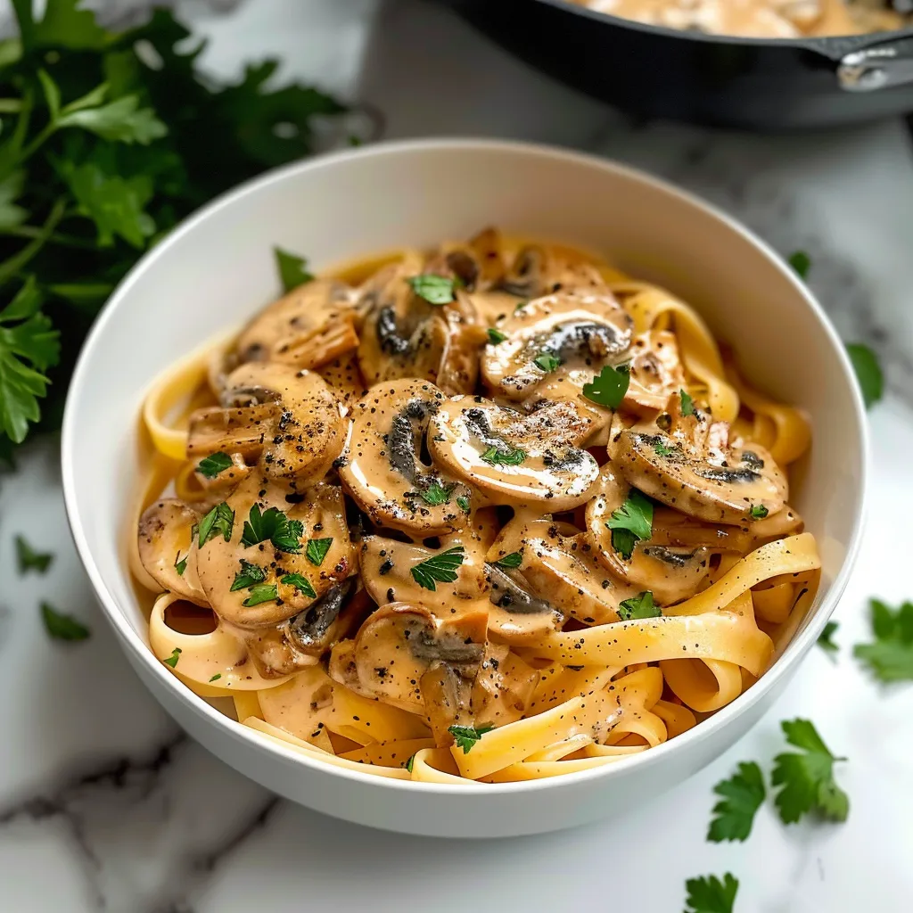 A bowl of pasta with mushrooms and sauce.