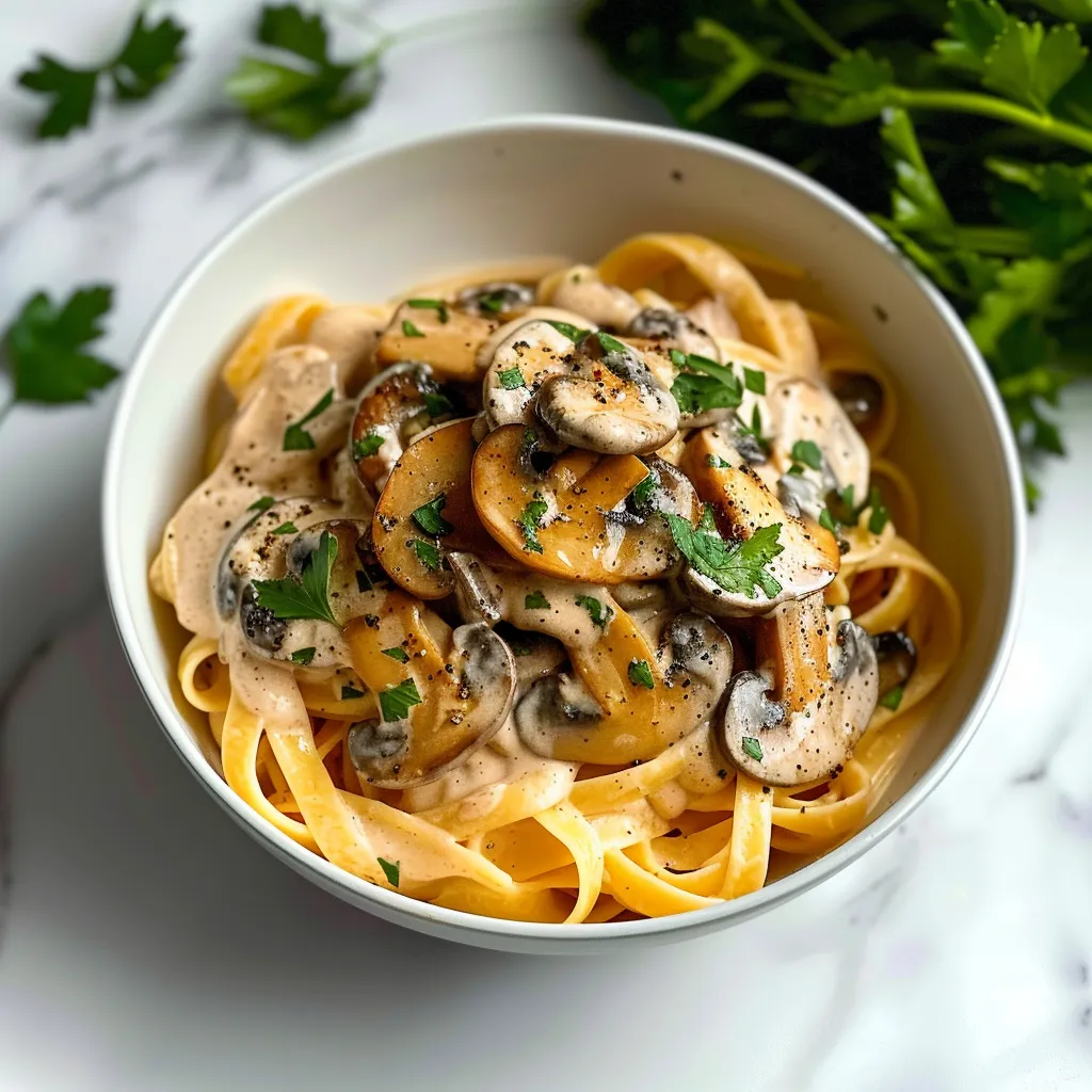A bowl of pasta with mushrooms and herbs.