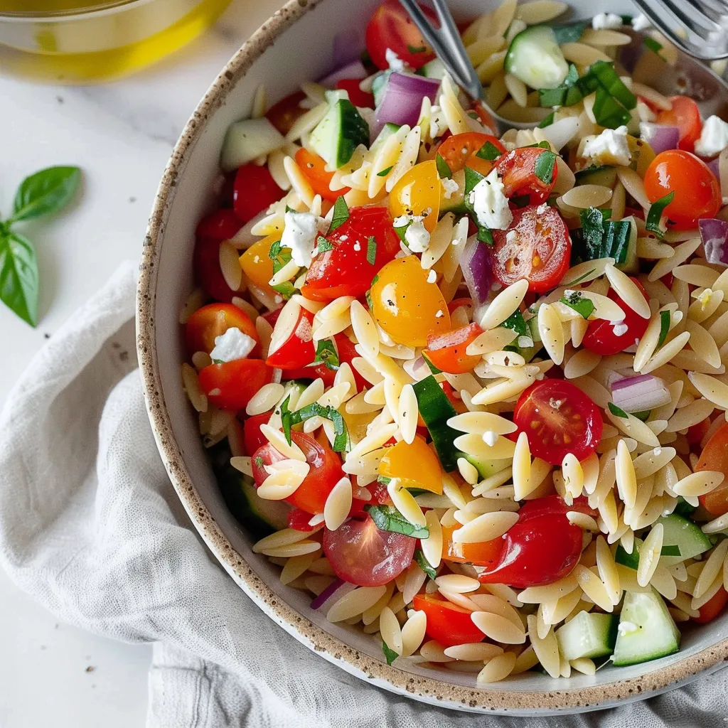 A bowl of pasta with tomatoes and feta cheese.