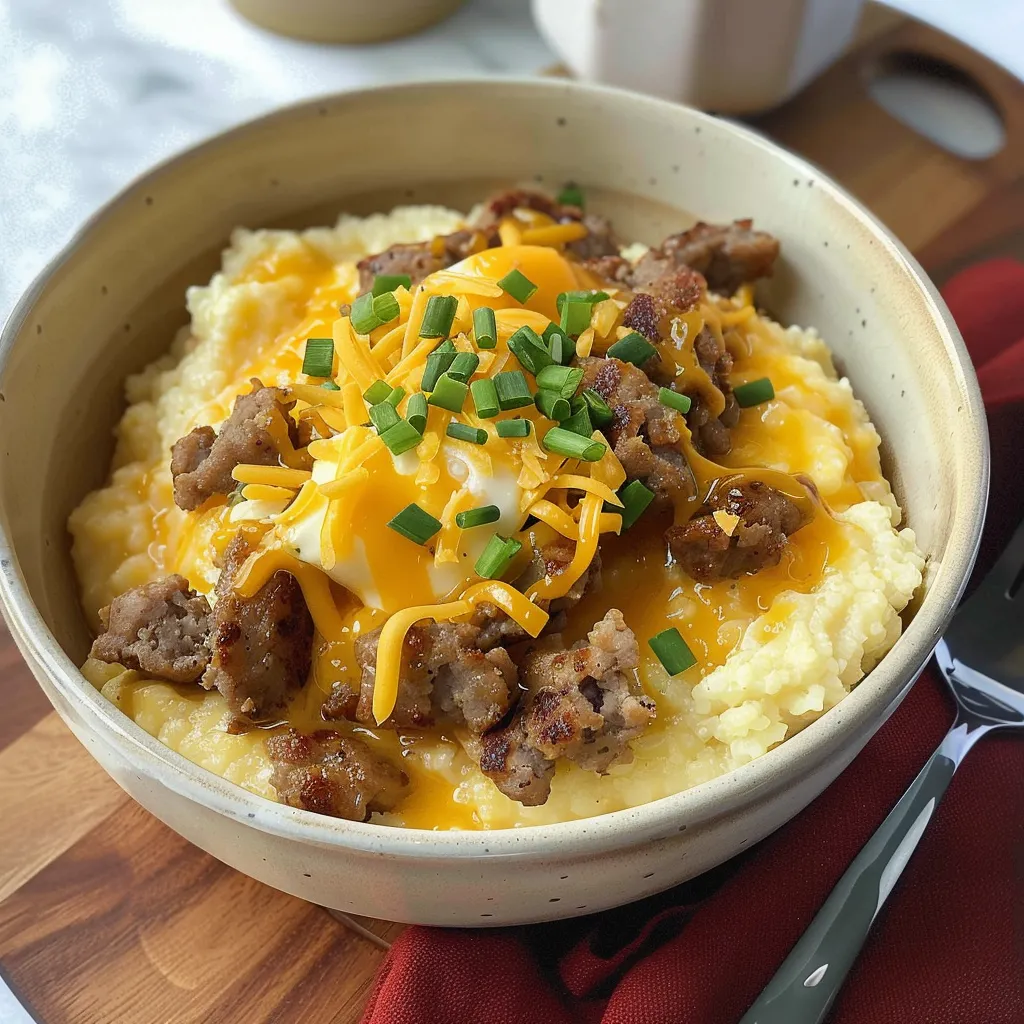 A bowl of food with cheese and meat.